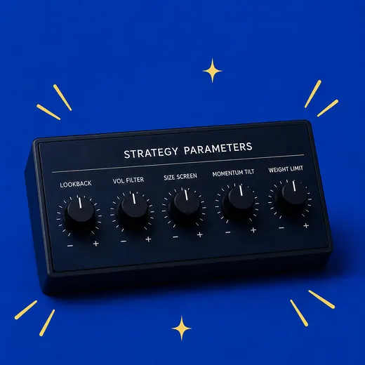 A control panel labelled Strategy Parameters, with knobs for lookback, volatility filter, size screen, momentum tilt and weight limit.