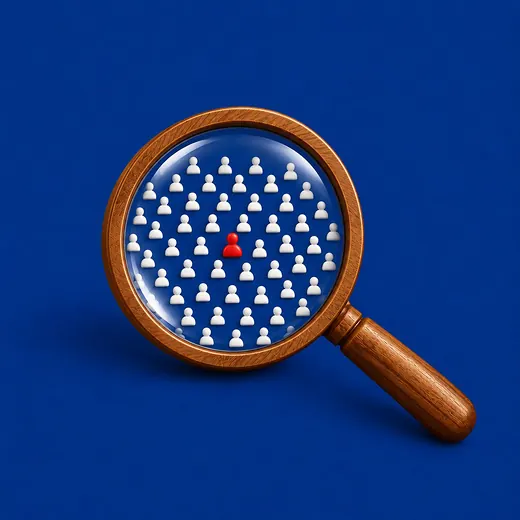 A magnifying glass over rows of white figures, with one red figure in the middle.